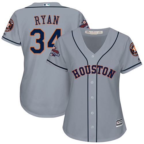 Astros #34 Nolan Ryan Grey Road World Series Champions Women's Stitched MLB Jersey - Click Image to Close